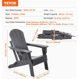 Vevor Adirondack-Stuhl 2er-Set 55 x 70 x 106 cm grau