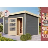 Karibu Saunahaus Außensauna Gartensauna Außensauna JOOST 3 terragrau 38mm Wandstärke 396 x 231 cm großes Sparset mit Ofen und Steuergerät