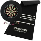Stagecaptain DBS-1715 Bullseye Pro Dartscheibe mit Pfeilen - Profi Steeldartscheibe aus Sisal mit 6 Dartpfeilen und 4 Sets Flights - Dartboard mit dünnen Drähten - Set inkl. Dartmatte und Surround