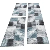 Simpex Bettumrandung Schlafzimmer 3 Teilig Teppich, Bettläufer Set Moderne Kurzflor Konturenschnitt Kariert Design Teppich, Fußbodenheizung Geeignet, 13 mm Polypropylen, Jute Rücken Farbe: Blau-2