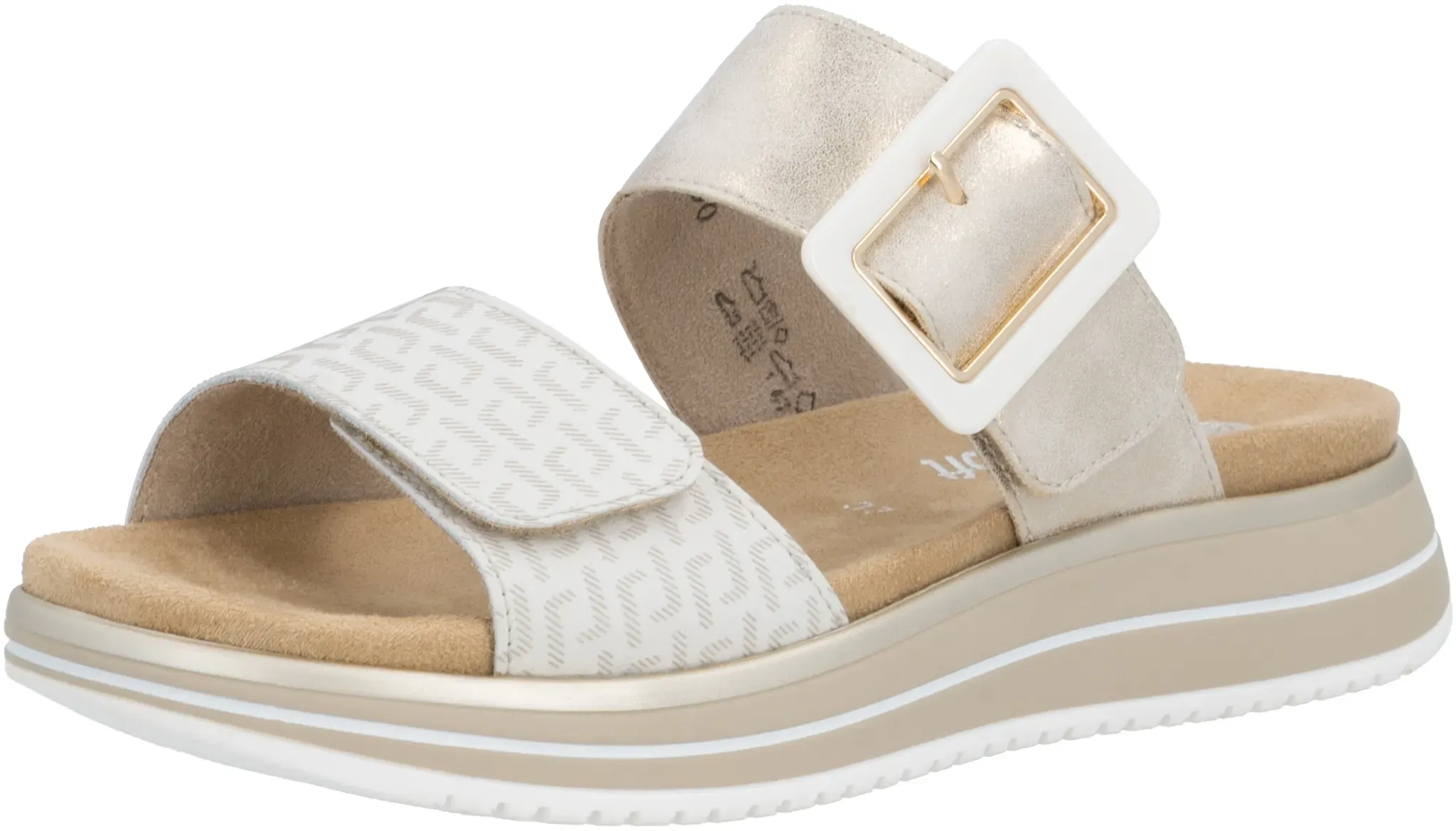 Pantolette REMONTE, Damen, Gr. 37, beige (sanftes weiß, goldfarben), Leder, Lederimitat, metallic, Schuhe Pantolette, Sommerschuh, Strandschuh, Schlappen mit Lite ́n Soft-Ausstattung