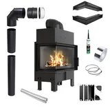 Eck Kamineinsatz KRATKI FLOKI links 10kW Ø200 schwarz Montageset