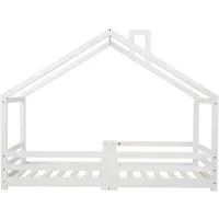 XDOVET Kinderbett mit Schornstein Rausfallschutz Robuste Lattenroste Bodenbett Hausbett 90x200cm Weiß