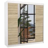 MOEBLO Schiebetürenschrank Auralis (Spiegelfront, 11 Fächer, Kleiderstange, Schiebetüren, Schwebetürenschrank 2-türig Schrank Garderobe Schiebtüren Schlafzimmer, Wohnzimmerschrank mit Spiegel) (BxHxT): 200x215x58 cm weiß