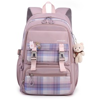 FANDARE Schulrucksack Schulrucksack Schultasche Herren Damen Rucksack Schulranzen für Outdoor Reise Daypacks Freizeitrucksack Rucksack mit Plüschanhänger & Nettes Abzeichen Wasserdicht Nylon Violett