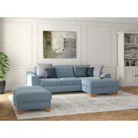 Ecksofa SIT & MORE "Dundee L-Form" Sofas Gr. B/H/T: 264cm x 86cm x 175cm, Struktur weich, Recamiere rechts, ohne Kopfteilverstellung-ohne Bettfunktion-ohne Bettkasten, blau (hellblau) mit Federkern und Massivholzfüßen, wahlweise Kopfteilverstellung