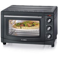 SEVERIN Back- und Toastofen mit Umluftfunktion, Mini Backofen mit Grillrost, Backblech, Drehspieß und Pizzastein, vielseitiger Heißluftofen mit 20 L Kapazität, 1.500 W, schwarz, TO 2068