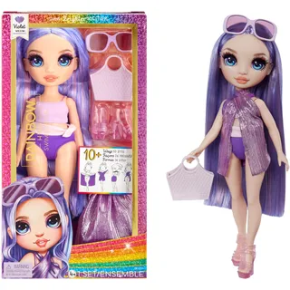 Rainbow High Swim & Style - Violet (Lila) - 28 cm Große Puppe mit Schimmerndem Pareo, auf 10+ Arten zu tragen - Ausziehbarer Badeanzug, Sandalen, Spielzubehör - Spielzeug - Ideal für 4 bis 12 Jahre