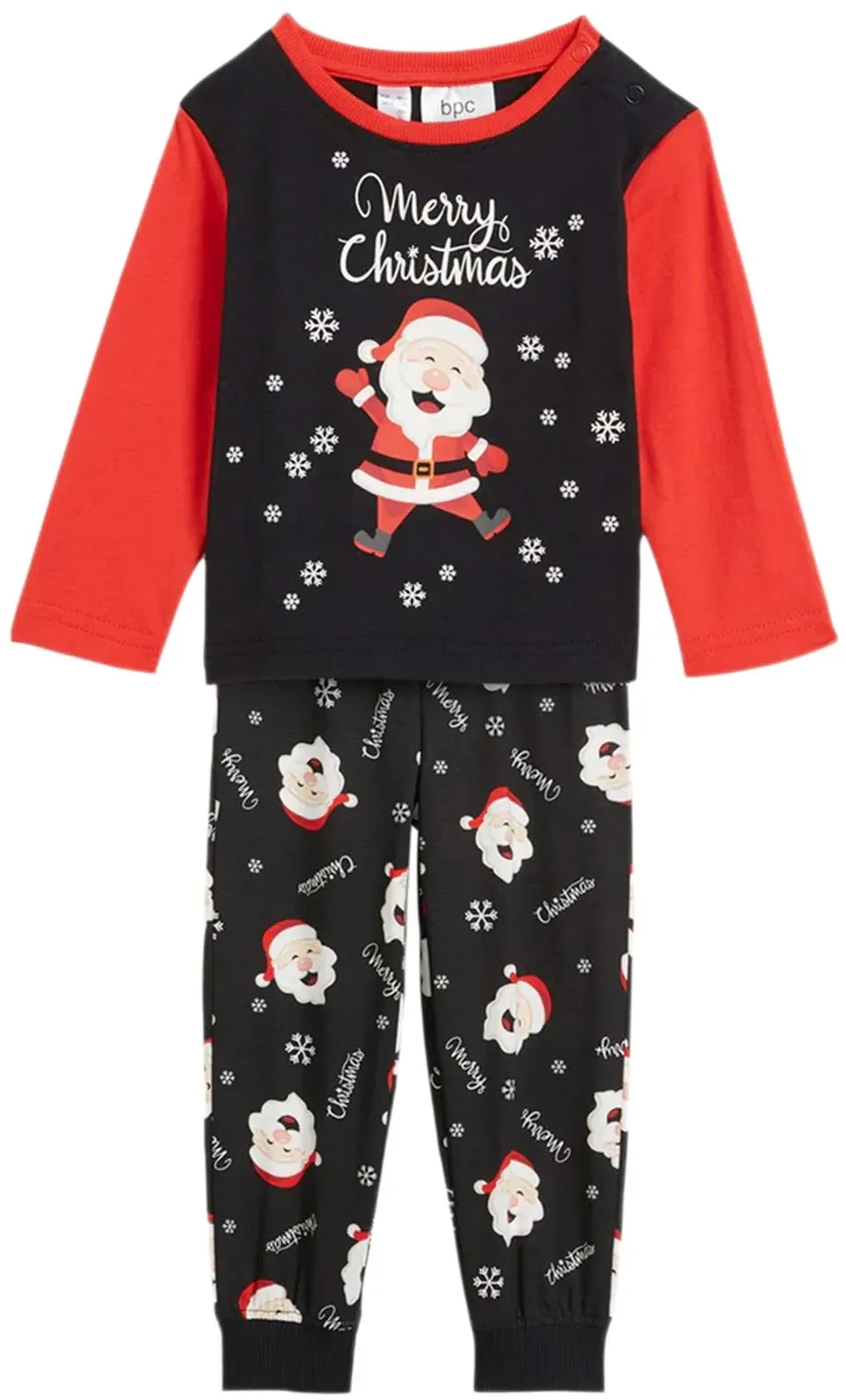 weiches Kinder Pyjama-Set für Jungen und Mädchen Rundhals-Pullover mit Weihnachtsmann Motiv Baumwoll-Jogger mit Schneeflocken Motiv Schlafanzug 929560 Schwarz/Rot/Weiß - 68/74