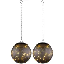 GLOBO Hängeleuchte Solar Pendelleuchte Solarlampe rauch Solarleuchte Kugel, 20x LED warmweiß, DxH 15x50 cm, 2er Set