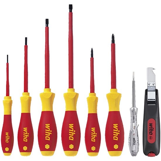 Wiha SoftFinish® electric Schlitz/Kreuzschlitz-Set mit Spannungsprüfer und Kabelmesser - 8-teilig - VDE- und GS-geprüft - 29897