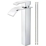 Wasserhahn Bad Wasserfall Chrom, Waschtischmischer mit Auslauf Höhe 224MM Einhebelmischer Edelstahl Armatur Waschbecken Wasserhahn Mit 60cm Anschlussschlauch Armatur
