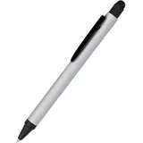 ONLINE USV-Systeme Online Kugelschreiber Alu Stylus Silver, Druckkugelschreiber aus Aluminium, auswechselbare Großraum-Mine, Schreibfarbe blau, mit Softtouch Feeling, Stift mit Touchpen, 1 Stück