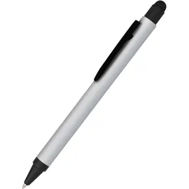 ONLINE USV-Systeme Online Kugelschreiber Alu Stylus Silver, Druckkugelschreiber aus Aluminium, auswechselbare Großraum-Mine, Schreibfarbe blau, mit Softtouch Feeling, Stift mit Touchpen, 1 Stück