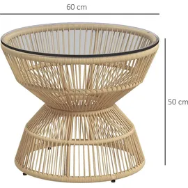 Outsunny Beistelltisch Rattan, Ø60 cm Couchtisch Gartentisch mit Tischplatte aus Hartglas