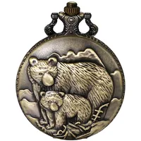 JewelryWe Vatertagsgeschenk Taschenuhr Herren Vintage Grizzly Bären Vater und Sohn Analog Quarz Uhr mit Halskette Kette Uhranhänger Pocket Watch