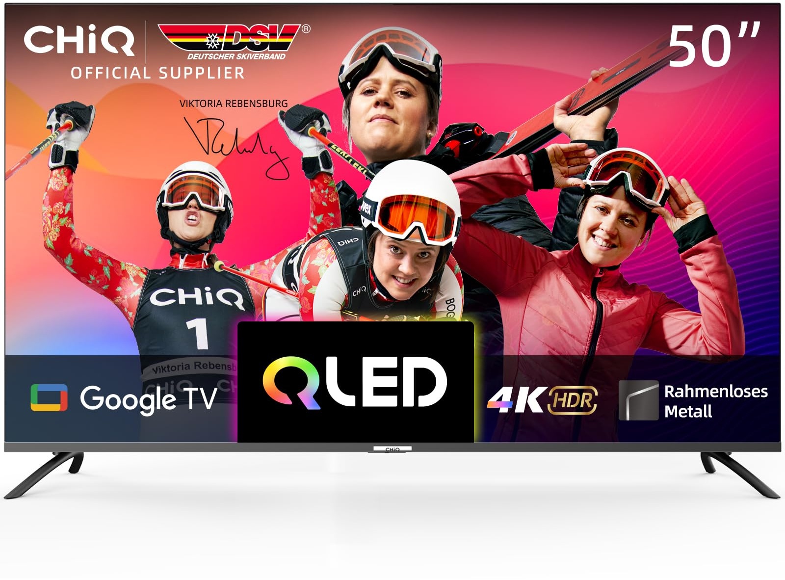 CHIQ U50QM8G 50 Zoll Smart TV, QLED UHD mit HDR, rahmenloses Metall-Design, Google TV, Dolby Audio, Dreifach-Tuner, 2,4G/5G WLAN, Google Assistant, HDMI 2.1, USB2.0, Modell 2023 Schwarz