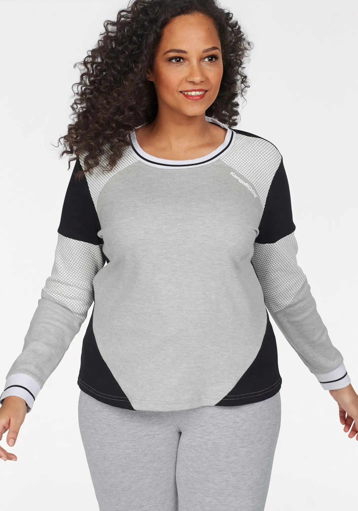 Sweatshirt KANGAROOS, Damen, Gr. 44/46, grau (schwarz, hellgrau, meliert), Interlock, Graumeliert (Obermaterial): 90% Baumwolle, 10% Viskose. Obermaterial: 100% Baumwolle, bedruckt, unifarben mit Farbeinsätzen, figurbetont, Rundhals, eingesetzt Rippbündchen, Sweatshirts Shirt Sweatshirt Rundhalsshirt Langarmshirt, Langarm, figurbetonte Passform, Colourblocking, aus Baumwolle