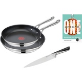 Tefal Pfannen-Set »Jamie Oliver Cook Smart«, Edelstahl 18/10, (Set, je 1 Pfanne 24 und 28 cm, 1 Kochmesser), stilvolle Edelstahl-Pfannen, inkl. Kochmesser, Rezeptbuch, grau