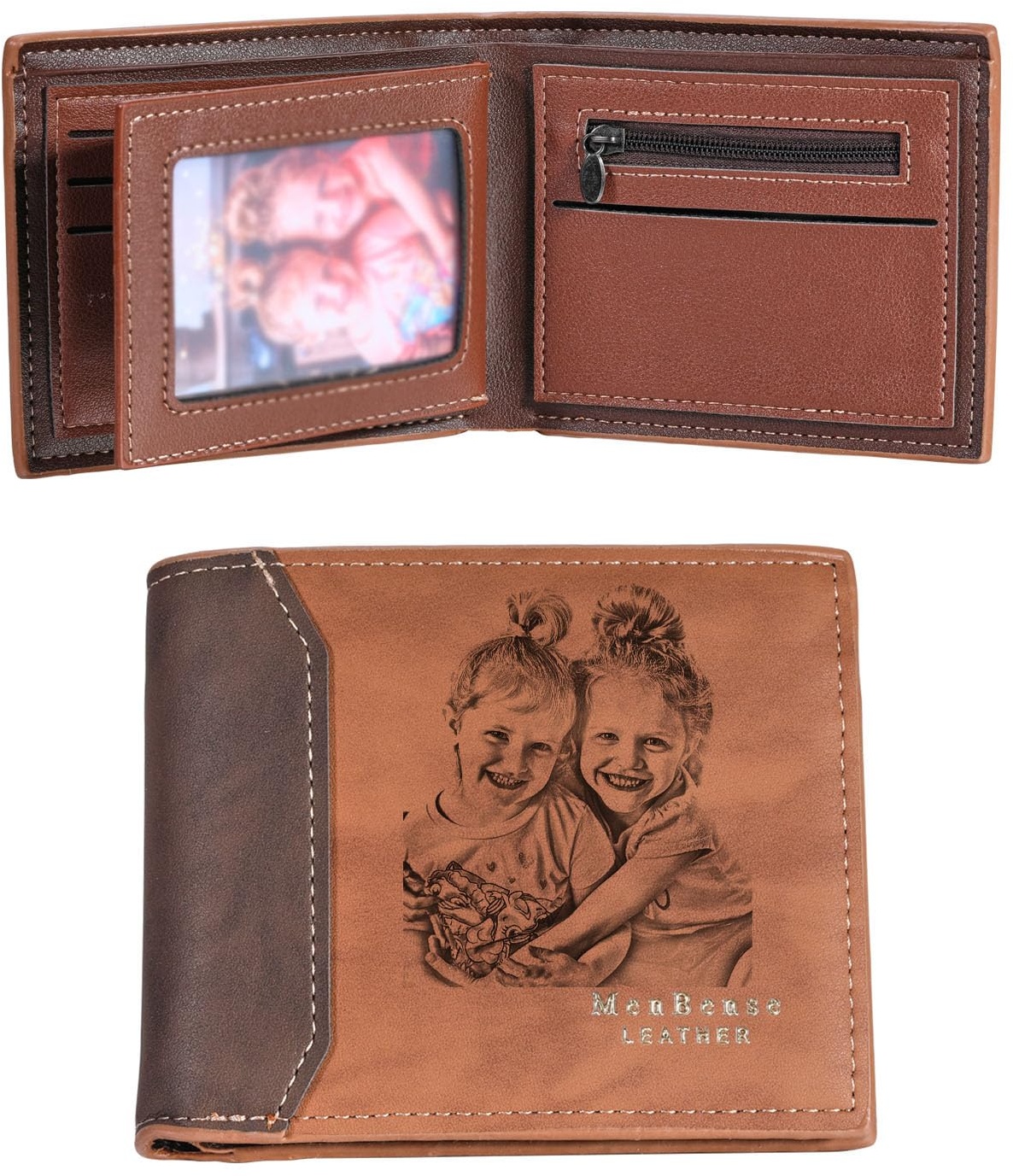 MunkiMix Personalisierte Foto Leder Bifold Geldbörsen für Männer Benutzerdefinierte Gravierte Skizze Bild/Text Herren Geldbörse Geschenke für Ihn Vater Freund Ehemann Sohn (B1-2 Texte, Hellbraun)