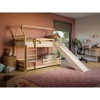 Hochbett mit Rutsche 90x200 cm, Hausbett, Etagenbett mit Rausfallschutz und Leiter, Bett Bed Bodenbett Jugendbett Spielbett für 2 Kinder, Kinderzi...