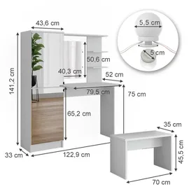 Vicco Schminktisch Jasmin Weiß 123 cm mit LED-Beleuchtung und Bank