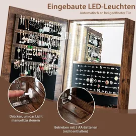 Costway Schmuckschrank mit LED, Spiegelschrank 360° drehbar, mit rahmenlosem Ganzkörperspiegel, Schmuck-Organizer abschließbar, Schmuckaufbewahrung Braun