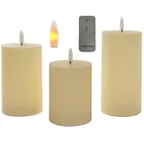 Coen Bakker Deco BV LED-Kerze Wax Candles (Set, 4-tlg., mit Fernbedienung), 3 Stück elfenbein Fernbedienung 10, 12.5 und 15cm geriffelt weiß