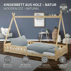 Kinderbett+Matratze Rausfallschutz Tipi Holzbett Bett Natur 90x200 cm