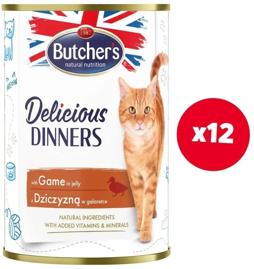 BUTCHER'S Delicious Dinners Katzenfutter, Stücke mit Wildfleisch in Gelee 12x400g