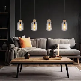 GLOBO Pendellampe schwarz Esstischleuchte 4 flammig Rauchglas Hängeleuchte, Metall schwarz matt, Holz, 4x E27, Lxbxh 78x10x120 cm