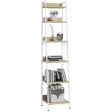 Woltu Standregal mit 6 Ebenen, Küchenregal mit 4 Haken, Bücherregal im Industriestil, Lagerregal im Wohnzimmer Küche, Regal aus MDF Metall, schmales Leiterregal Weiß+Hell Eiche