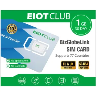 EIOTCLUB Globale SIM-Karte, 5G/4G Highspeed Prepaid Reise-SIM, 1GB 30Tage Nutzung in 77+ Ländern wie USA/China/Japan/Türkei, Ohne Vertrag, NUR Daten, Aufladbar, für Handys, Router, Hotspot