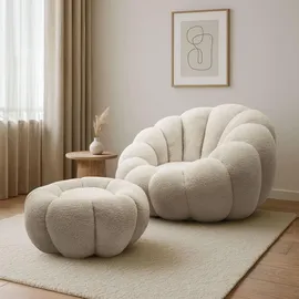lookway Drehsessel FLUFFY Textil 95 x 60 x 95 cm Beige mit Fußhocker