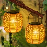 2 Stück Solar Rattan Laterne Gartendeko, Solarlaterne für Außen, Solarlampen für Außen Garten, IP65 Wasserdicht Solarleuchten, Hängend Solar Gartenleuchten für Draußen, Garten, Balkon, Terrassen