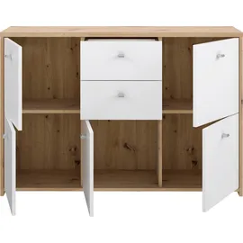 Forte CHEST Kommode mit 5 Türen und 2 Schubladen, Holzwerkstoff, Artisan Eiche / Weiß, 113.9 x 77.3 x 29.6 cm