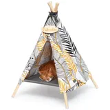 Outentin Tierbett Katzentipi und Hundehöhle mit Bett - Tipi-Zelt für Katze und Hund, 100% Baumwolle, Abnehmbares Bett, Beschriftbares Namensschild, Verstellbares Seil gelb