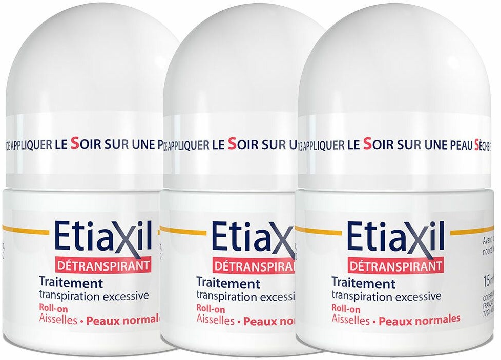 EtiaXil Traitement Détranspirant Aisselles Roll-on Peaux Normales 3x15 ml Rouleau
