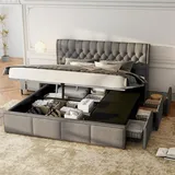 okwish Polsterbett Boxspringbett mit 3 Schubladen, hydraulisches Bett, funktionelles Stauraumbett, Nietenverzierung, 180x200 cm, ohne Matratze, Lei... - Grau