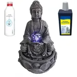 DRULINE Zimmerbrunnen mit LED + Wasserzusatzkonzentrat + BrunnenDesinfektion Zimmerbrunnen Buddha Brunnen Tischbrunnen Polyresin Stein Optik Lotus/Glaskugel Crashlook Höhe 30 cm anthrazit - Indoor