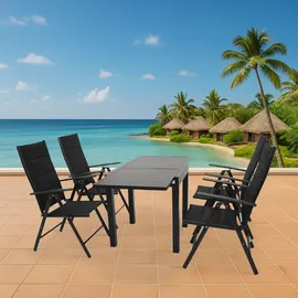 TPFGarden GARTEN-GARNITUR Ashford - 5-teilige Garten-Essgruppe (4x Klappsessel, Aluminium dunkelgrau + Textilgewebe gepolstert schwarz, 1x Balkon-A... - Schwarz