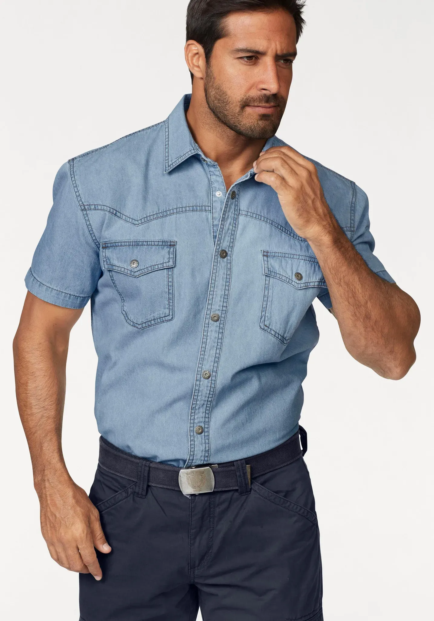 Jeanshemd ARIZONA, Herren, Gr. 47/48 (XXXL), N-Gr, blau (bl. bleached), Jeans, Obermaterial: 100% Baumwolle, unifarben, Basic, normal normal, Hemden Jeanshemd, Kurzarm im Western Stil