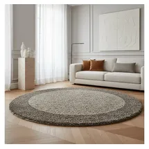 KADIMA DESIGN Teppich Hochflor Langflor Bordüre Kuschelig Waschbar Strapazierfähig Wohnzimmer Schlafzimmer Rund Taupe 120x120 cm – RHEIN von Kadima Design