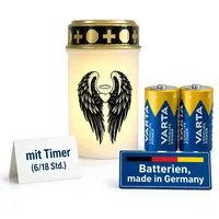 Fachhandel Plus LED Grablicht mit Timer 6/18 Std Motivwahl Grabkerze LED mit Batterie inklusive 2x Varta Longlife C LR14 für Friedhof Gedenkplatz und Außenbereich (Weiß, Engelsflügel)