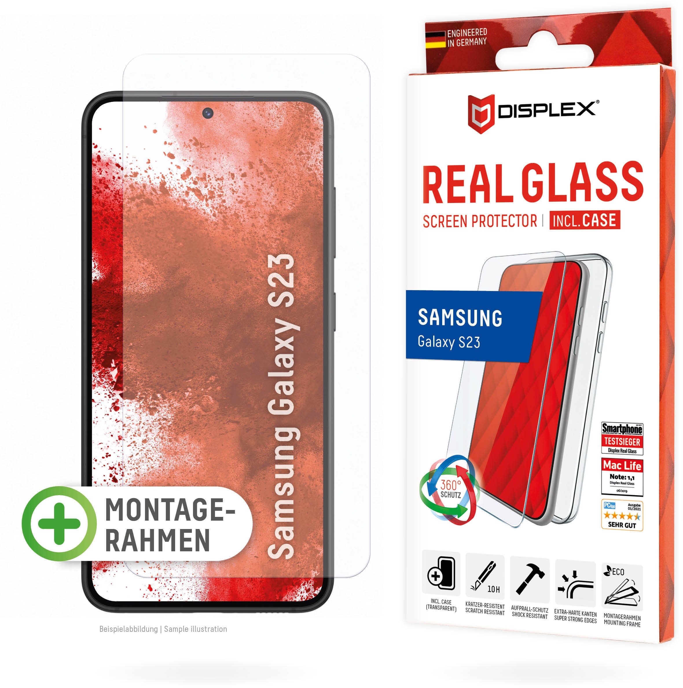 DISPLEX Panzerglas (10H) + Schutzhülle für Samsung Galaxy S23, Schutzhülle, Eco-Montagerahmen, kratzer-resistente Glasschutzfolie