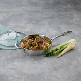 Kela Edelstahl 24 cm hoher Rand FLAVORIA, 1,6L Induktion Bratpfanne mit Deckel, Dampfauslassventil, Schmortopf unbeschichtet