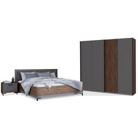 Moebel-Eins Komplettschlafzimmer, QUERRY Komplettschlafzimmer, Material Dekorspanplatte, walnussfarbig/grau grau