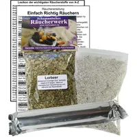 LORBEER Lorbeerblätter zum RÄUCHERN. 14-TLG Räucherset - 60ml Räucherwerk mit Räucherkohle (10x) + Räuchersand + Räucheranleitung + Lexikon der wichtigsten Räucherstoffe A-Z. 82060-X46