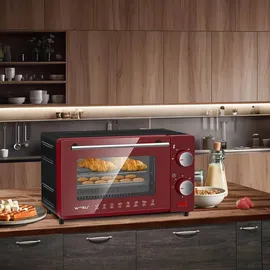 Woltu Minibackofen 10 Liter, 650 Watt Toasterofen, Kleiner elektrischer Backofen, 100-230 °C, 60 Min, Ober- und Unterhitze, mit Backblech Grillrost Entnahmegriff, Rot+Schwarz