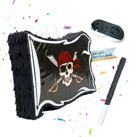 Relaxdays Pinata Piratenflagge mit Stab & Maske HBT: 35x40x8 cm Schwarz
